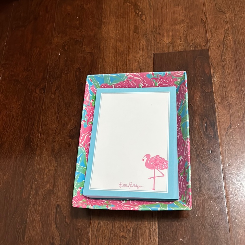 Lilly Pulitzer flamingo patterned tray with paper